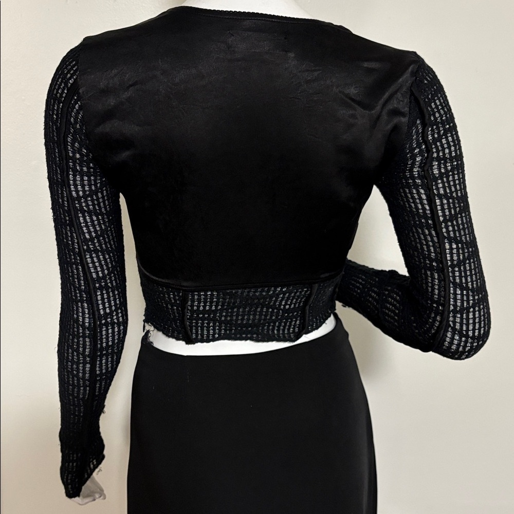 Danielle Guizio Black Long Sleeve Satin & Lace Fitted Fairy Vamp Goth Crop Top - Picture 4 of 7